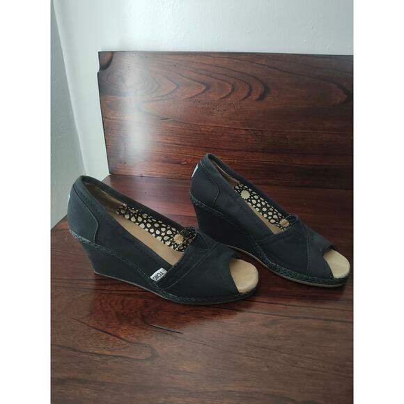 Black Toms Calypso Wedges Slip-On Peep Open Toe Canvas Women's Size 7w - Picture 3 of 5